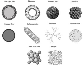 Figure 1. Different type of nanomaterials for biomedical use. Nanomaterials are commonly defined as objects with dimensions of 1-100 nm, which includes nanogels, nanofibers, nanotubes and nanoparticles (NP). In this illustration is represented the morphology of the most commonly used NP for therapy and diagnosis of neurodegenerative diseases (ND). (Ref. 3; reproduced with permission from Elsevier B.V. Ltd. © 2012.)