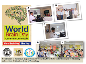 Figure 1. A: Dr. Man Mohan Mehndiratta, director (JSSH) in India and Prof. Raad Shakir, president, World Federation of Neurology, from London addressing the delegates through video conferencing. B: Expert panelists from various hospitals in New Delhi for World Brain Day at Janakpuri Superspeciality Hospital, New Delhi C: Prof. Mohammad Wasay, chairman advocacy subsection World Federation of Neurology from Pakistan addressing the delegates through video conferencing. D and E: Patients and their caregivers attending the program.