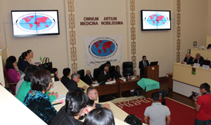 Opening statement of the International Neurology Forum by Prof. Aikan Akanov on Sept. 23, 2014, with Prof. Guram Pichkhadze, Erik Wolters and Daniel Truong.