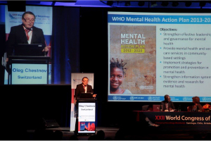 World Health Organization (WHO) Assistant Director-General of Noncommunicable Diseases and Mental Health Oleg Chestnov leads a WHO symposium.