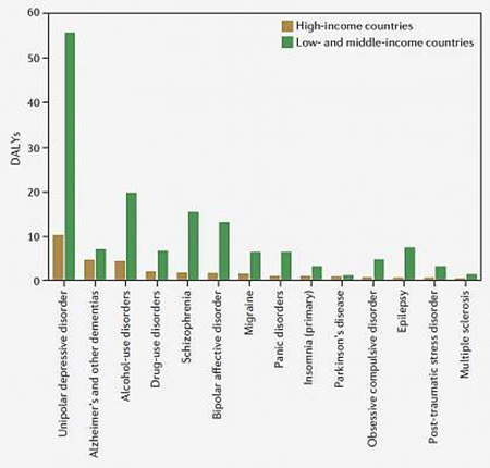Chart shows comparison of disability associated life years (DALYs) between high-income and low- and middle-income countries. The data were derived from the World Health Organization and the Global Burden of Disease 2010 Study.