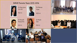 A screenshot of NIRVE rounds in September 2015 — First round for the new cycle (2015-16) where all sites introduce themselves. Top left: Slides being presented at the NIRVE rounds from Toronto. Top right: Trainees and staff at Ufa, Russia; and below, trainees and staff at St Petersburg, Russia. Bottom left: Natal, Brazil, and Sà£o Paulo, Brazil.