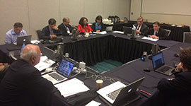 Meeting of the WFN with some of the members of the Zika Working Group at the American Academy of Neurology Annual Meeting in Vancouver on April 18, 2016. From left to right: Raad Shakir, MD; David Bearden MD; Ildefonso Rodriguez-Leyva, MD; Miguel Osorno Guerra, MD; Minerva Lopez Ruiz, MD; Karina Velez Jimenez, MD; Allen Aksamit, MD; and Russell Bartt, MD; Also participating in the meeting, but not in the photo, were William Carroll, MD, Wolfgang Grisold, MD, Steven Lewis, MD, and Marco T. Medina, MD.