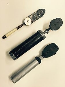 From top: Morton's ophthalmoscope (1910), May's ophthalmoscope (1935), and Heine's ophthalmoscope (1995).