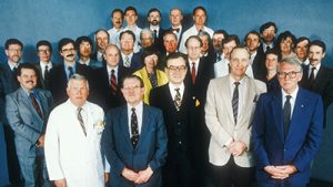 Front row, left to right: Charles G. Drake, John N. Walton, Vladimir Hachinski, John P Girvin, and Henry J.M. Barnett, with members of the department of clinical neurological sciences at the University of Western Ontario in London, Canada.